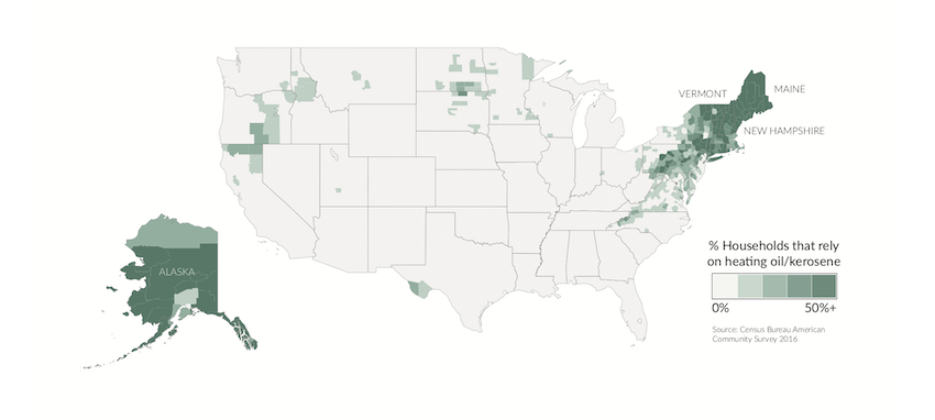 Percent of households (by county) heating with oil and kerosene in the United State