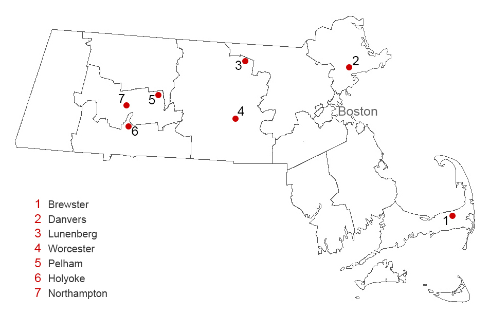Map of Massachusetts with case study locations indicated
