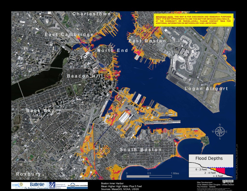 Prospective flood depths from storm surges in Boston. Orange 2-4 feet. Pink &gt; 4 feet.